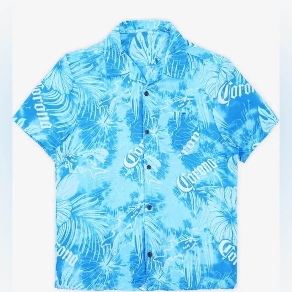 MAUI AND SONS X CORONA PALM FUSION HAWAIIAN SHIRT…Size: Large…Color: Blue/White